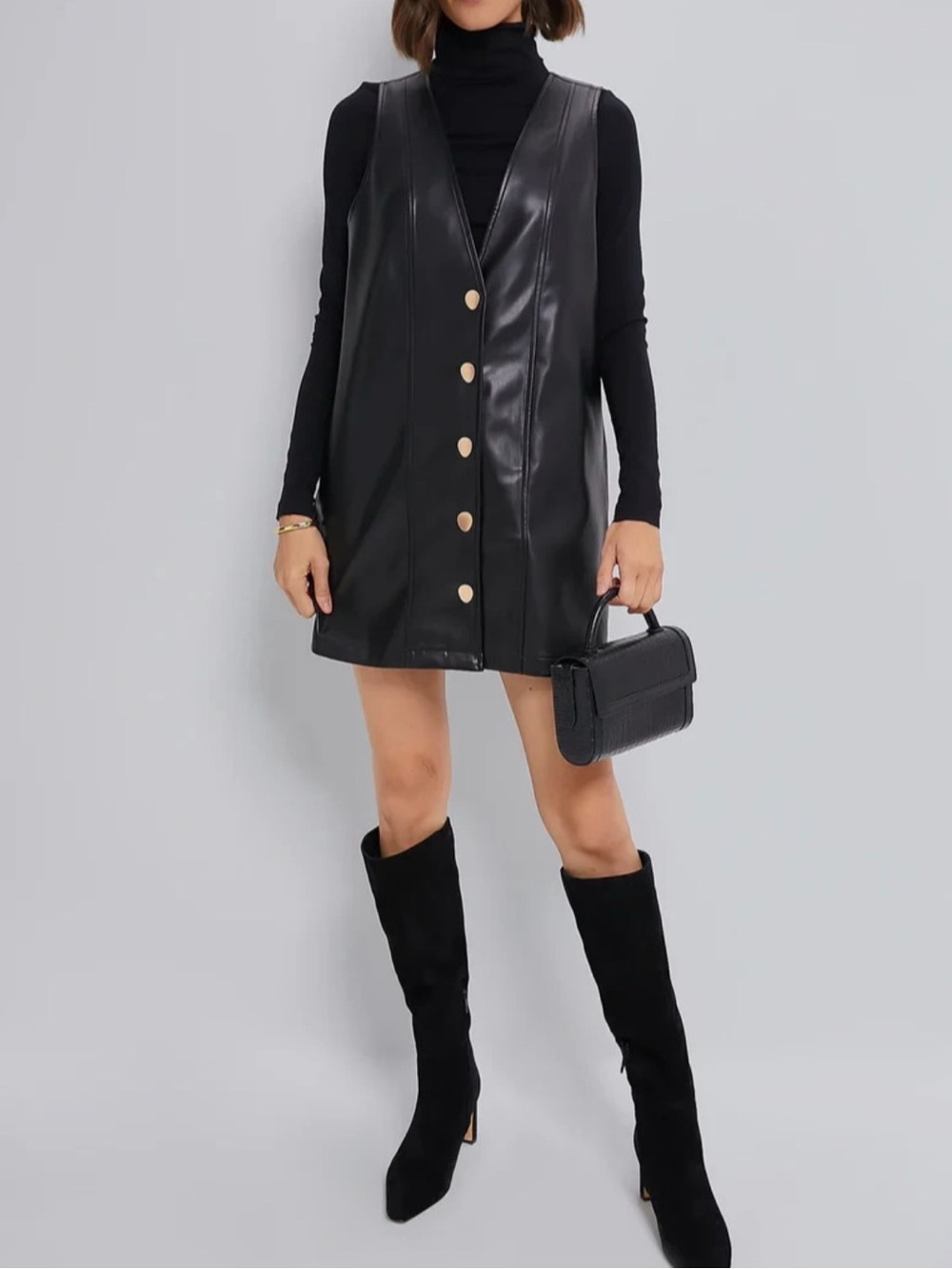 Hyacinth House Black Faux Leather Button-Front Vest Dress